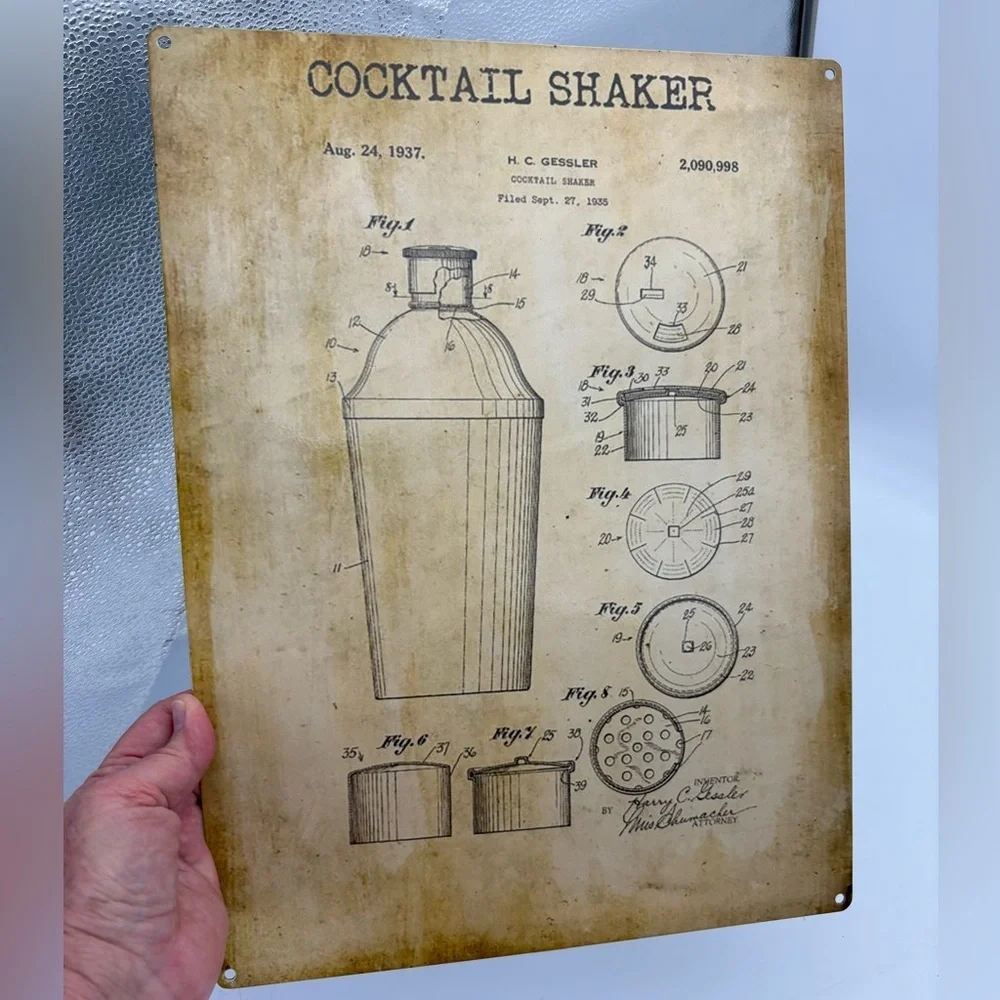 Vintage-Style Cocktail Shaker Patent Metal Sign